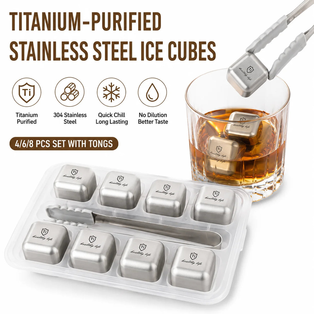 Titanium Stainless Steel Reusable Ice Cubes Set with Tongs Whiskey Stones Set Axl