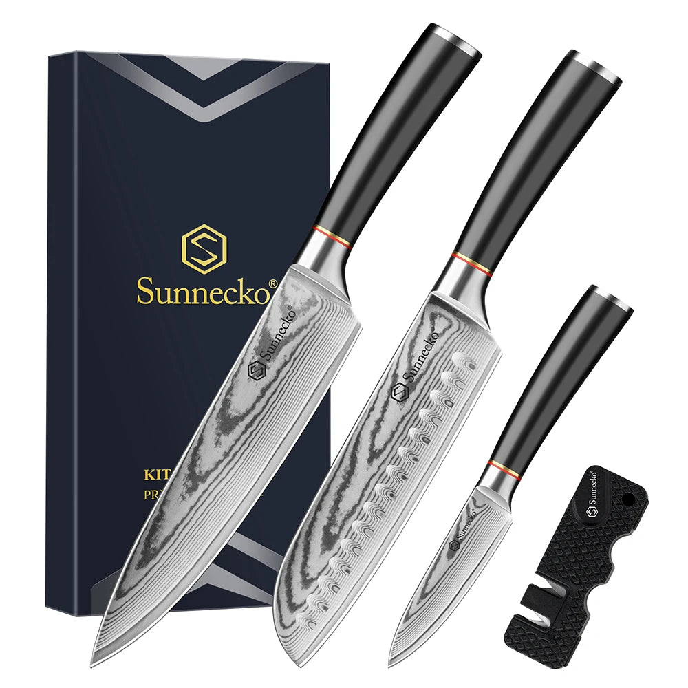 Sunnecko 3-Pc Damascus Steel Knife Set – VG10 Japanese Kitchen Damascus Kitchen Knife Set Axl