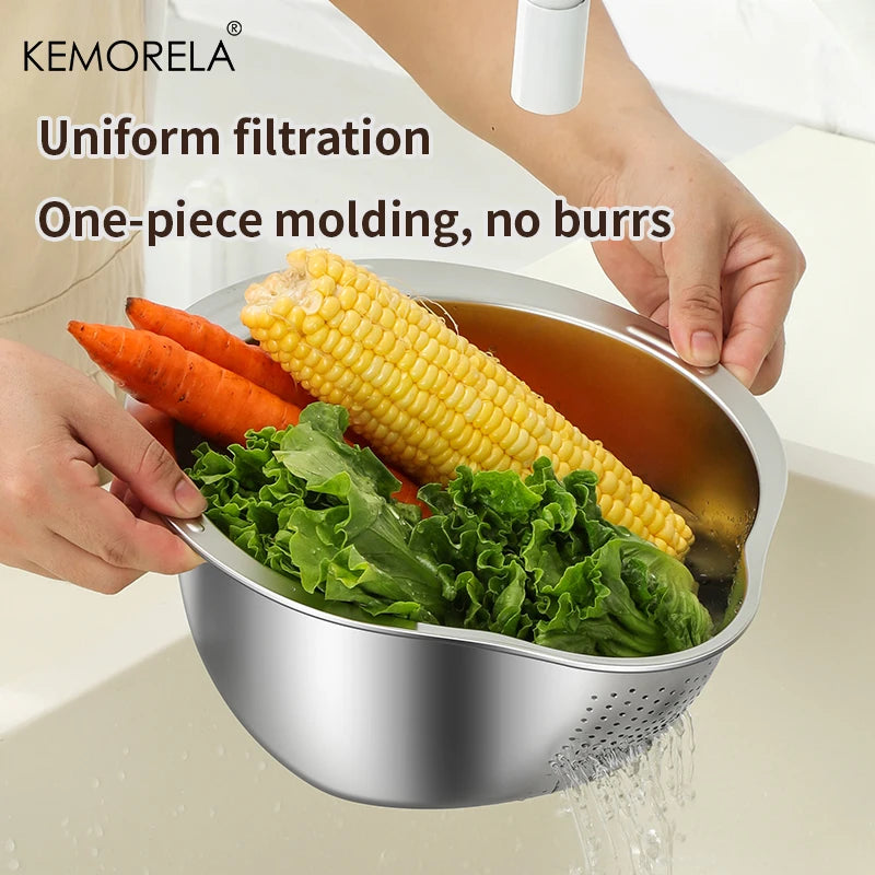 KEMORELA 3-in-1 Stainless Steel Rice Washer Bowl & Colander Kitchen Colander Axl