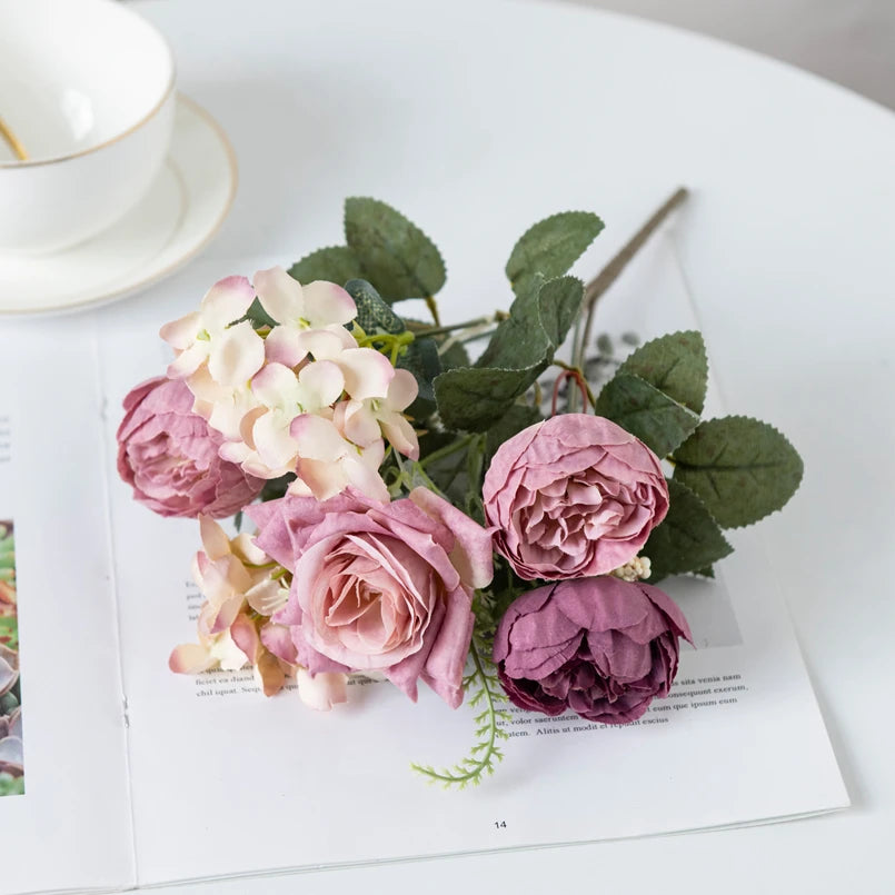 Silk Artificial Hydrangea & Rose Bouquet | Wedding & Home Decor Artificial Flower Bouquet Axl plum 1 pc