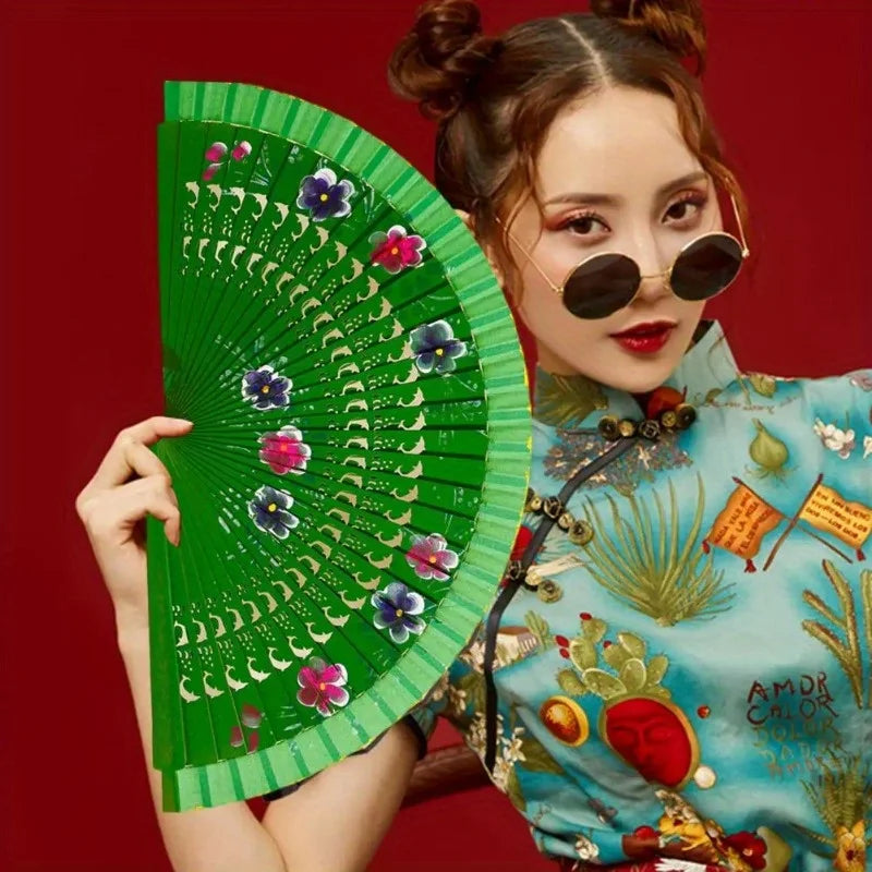 Wooden Spanish Folding Fan – Double-Sided Floral Dance & Decor Decorative Folding Fan Axl