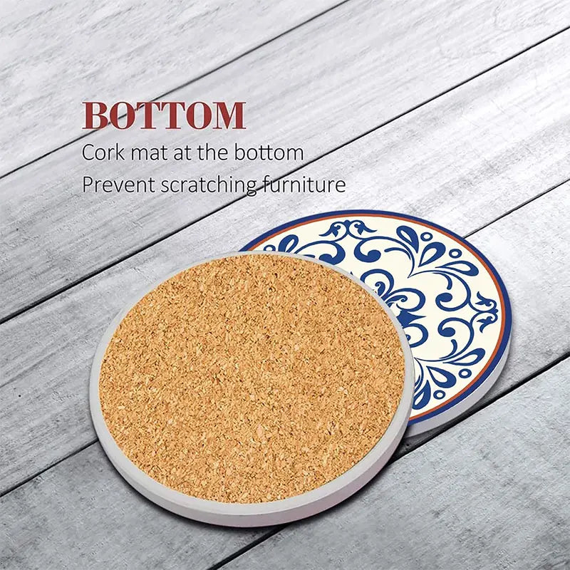 Ceramic Stone Coaster Set of 6 | Spanish Floral with Holder Ceramic Coaster Set Axl