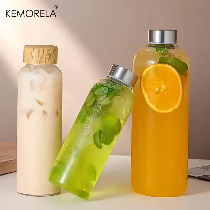 Glass Water Bottle Wooden Lid 500/750/1000ml + Cleaning Brush Glass Water Bottle Axl