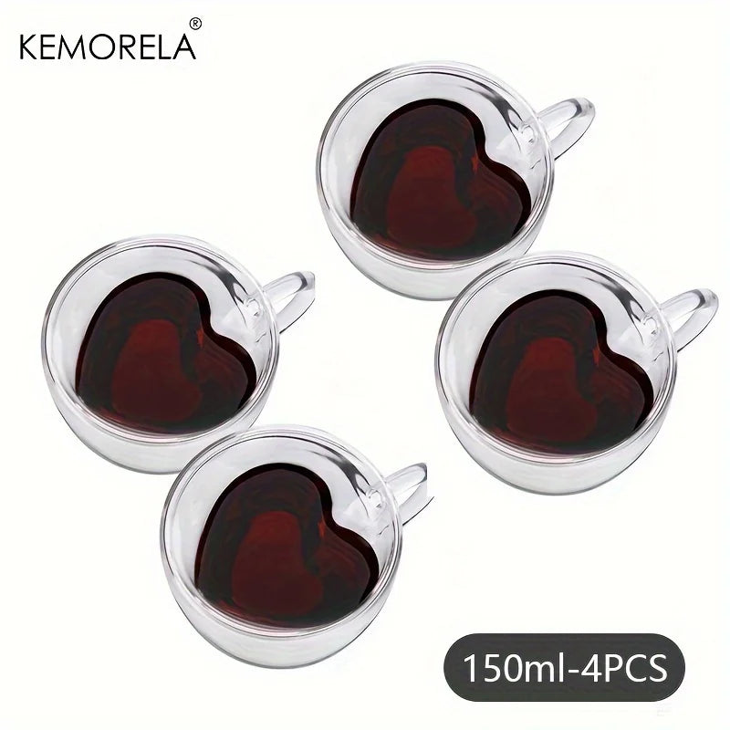 KEMORELA 4PCS Heart Double Wall Borosilicate Glass Mugs Glass Mug Set Axl 150ML-4PCS 150-250ml