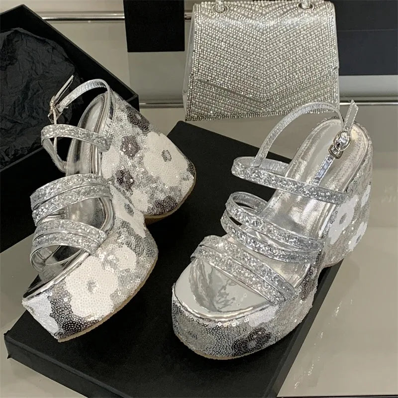 Women's Sequin Platform Wedge Sandals – High Heel Gladiator Platform Wedge Sandals Axl