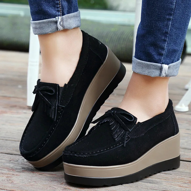 Women's Green Suede Platform Loafers – Tassel Fringe Moccasins Platform Loafers Axl