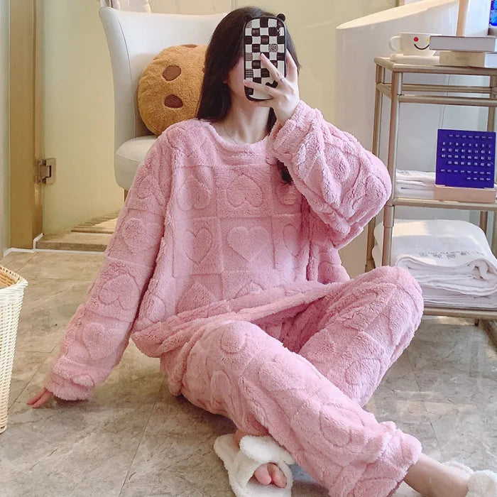 Women's Oversized Coral Fleece Pajamas Set – Plus Size 5XL Fleece Pajamas Set Axl 2646 pink XL Fits 60-70kg