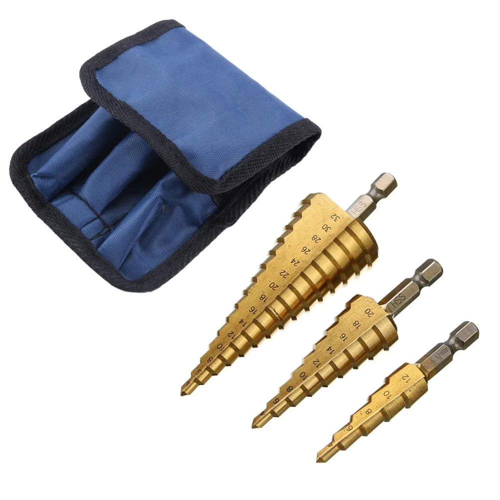 3-Piece Titanium Step Drill Bit Set – 4-12/4-20/4-32mm Hex Step Drill Bit Set Axl