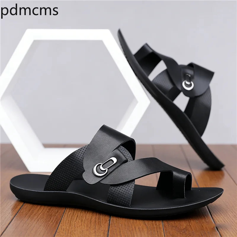 Men's PU Leather Beach Slippers – Non-Slip Flat Sandals Men's Beach Sandals Axl