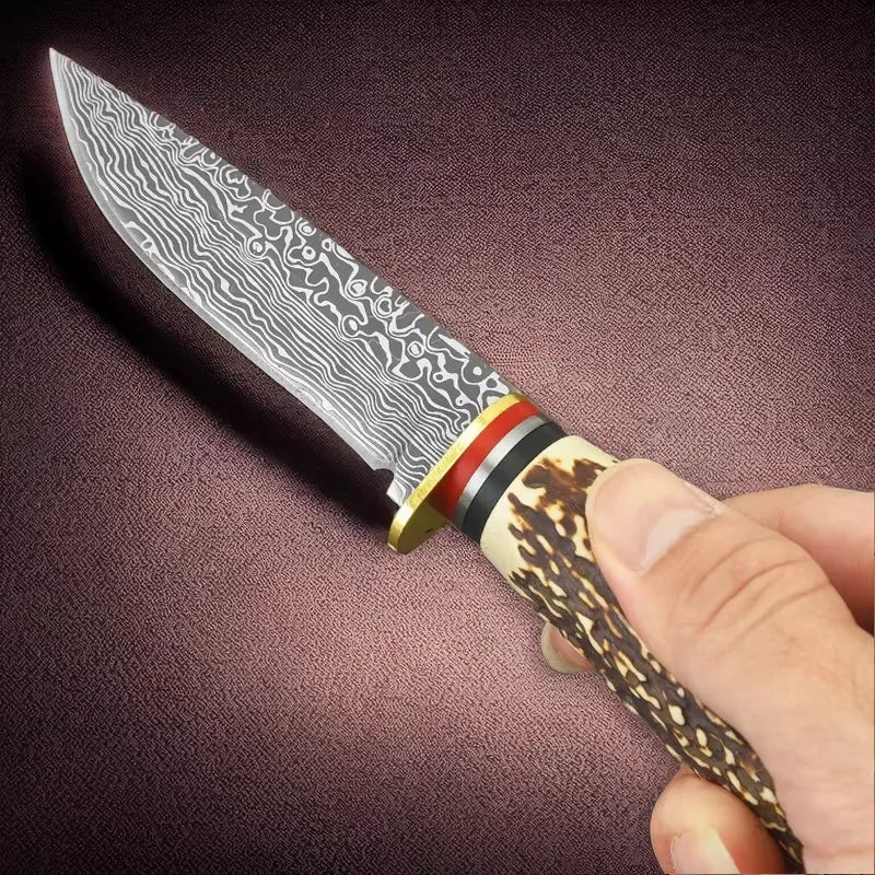 FL FLYWOD Fixed Blade Knife – Damascus Bone Handle D3 Steel Fixed Blade Knife Axl