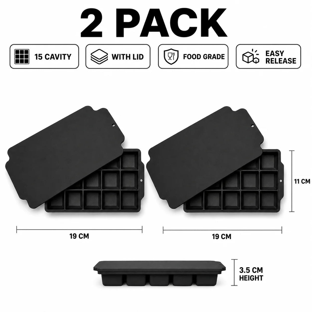 15-Grid Silicone Ice Cube Tray with Lid | Large Square Ice Mold Silicone Ice Cube Tray Axl 2 Pack Black