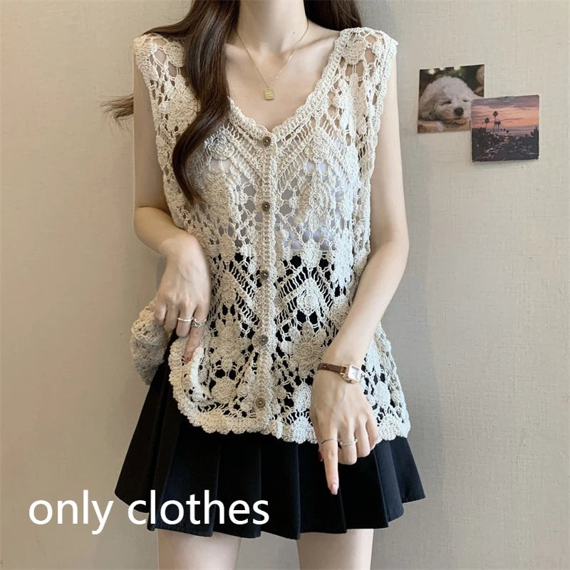 Women's Open Knit Crochet Vest – Boho Floral Cardigan Knit Crochet Vest Axl One Size Apricot-1pcs