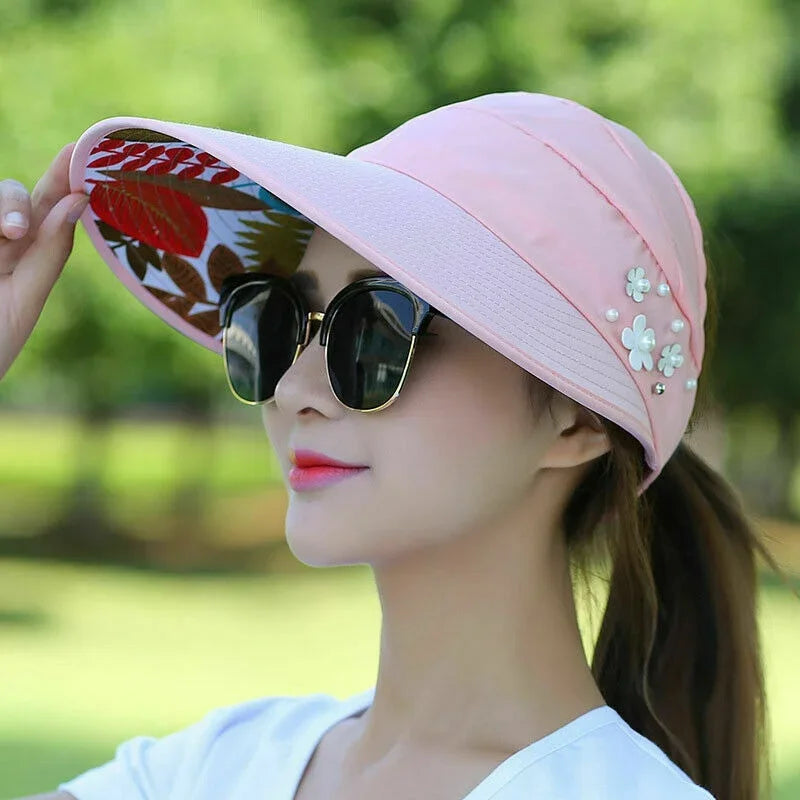 Women's Wide Brim Foldable Sun Hat – UV Beach Visor Cap Wide Brim Sun Hat Axl Pink