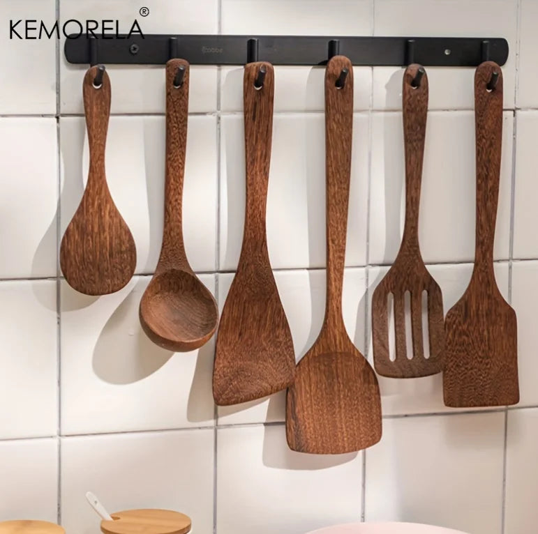 5-Piece Teak Wood Kitchen Utensil Set – Ladle, Turner & Scoop Wood Kitchen Utensil Set Axl 6PCS