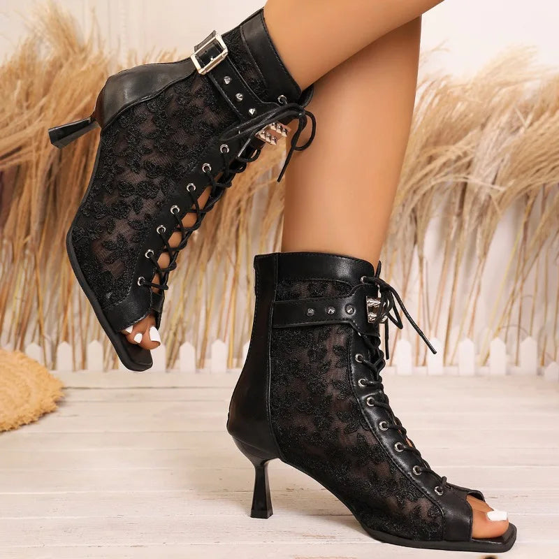 Women's High Heel Mesh Sandals – Zipper Ankle Boots Summer High Heel Sandals Axl