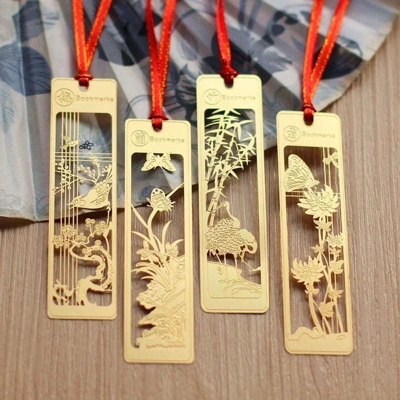 Chinese Style Metal Hollow Bookmarks with Red Knot | Gift Set Metal Bookmarks Axl