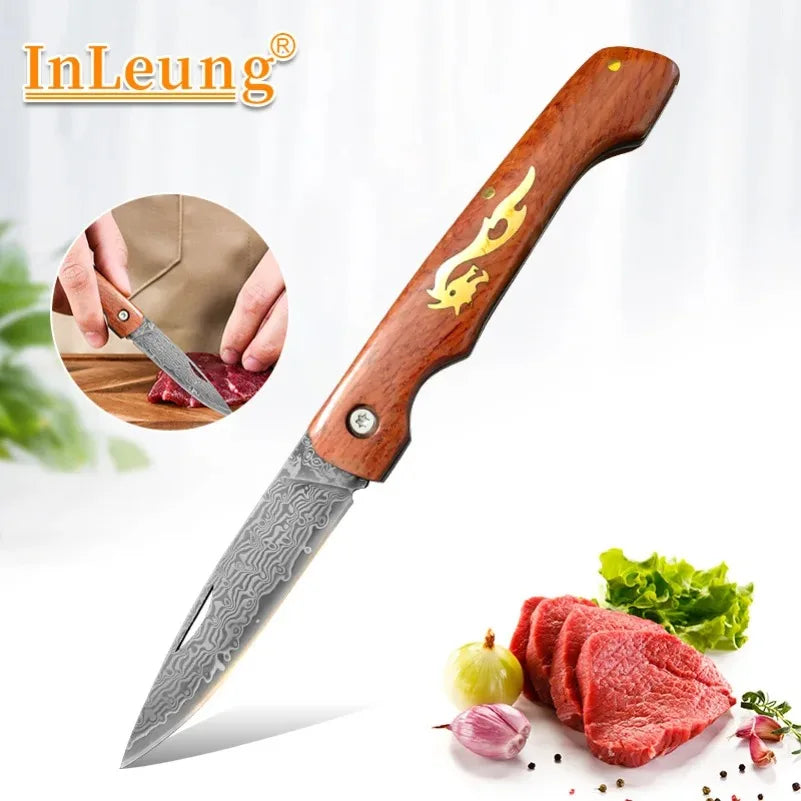 InLeung Damascus Steel Folding Knife – Sharp Wood Handle Folding Kitchen Knife Axl
