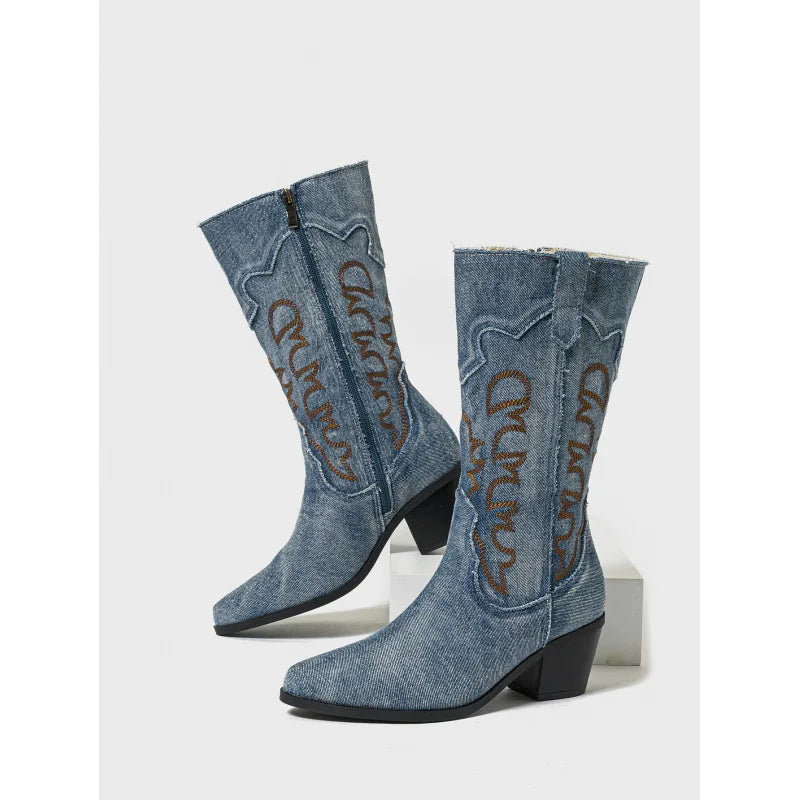 Women's Western Embroidered Mid-Calf Cowboy Boots – Plus Size Women's Cowboy Boots Axl Dark Blue 41