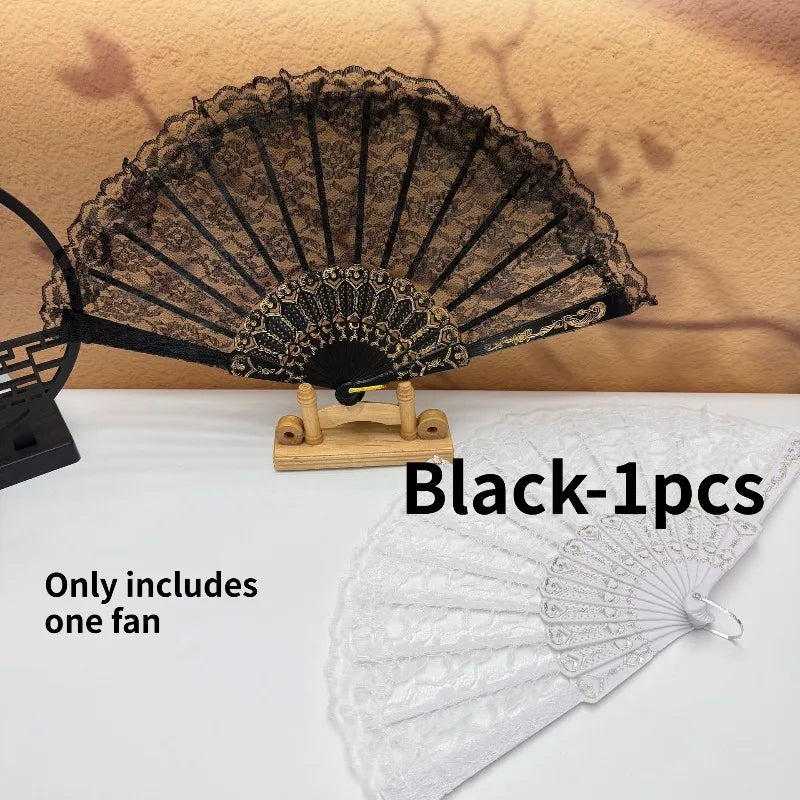 Vintage Lace Folding Fan – Chinese Japanese Art Craft Décor Decorative Folding Fan Axl BlackA-1pcs