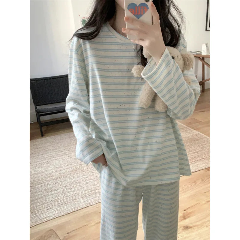 Women's Striped Pajama Set – Loose 2-Piece Casual Homewear Women's Pajama Set Axl blue-2 One Size