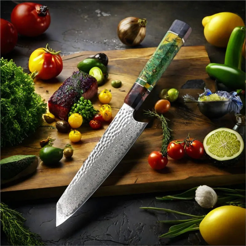 8-Inch Damascus Chef Knife – 67-Layer VG10 Steel Colored Wood Damascus Chef Knife Axl