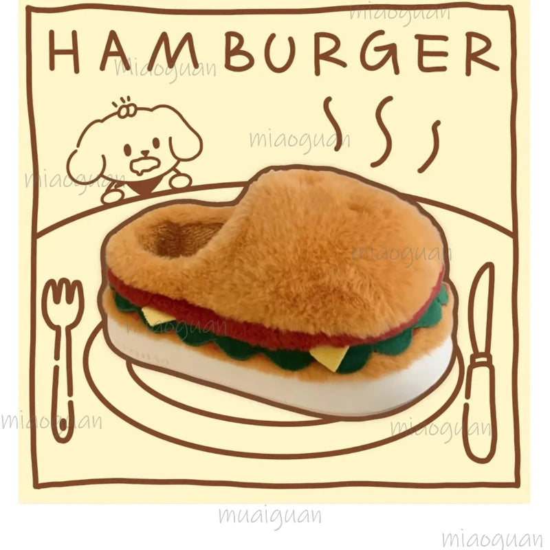 Women's Cartoon Hamburger Plush Platform Slippers | Fluffy Novelty House Slippers Axl