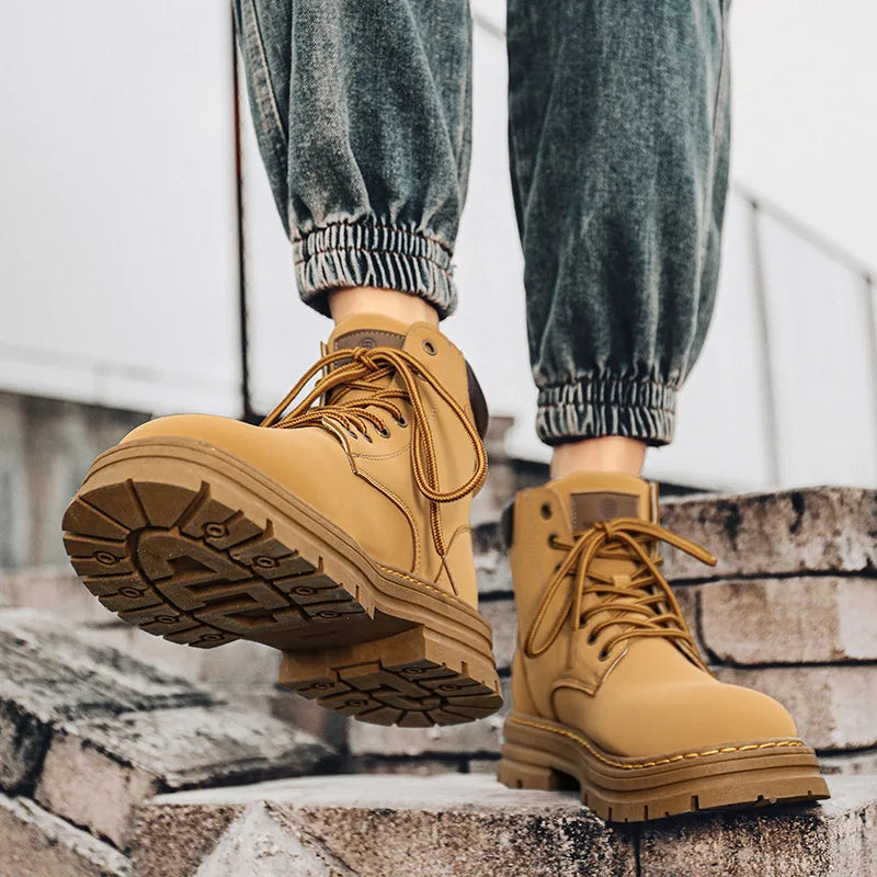 Men's Retro High Top Motorcycle Ankle Boots – Lace-Up Work Boot Motorcycle Ankle Boots Axl