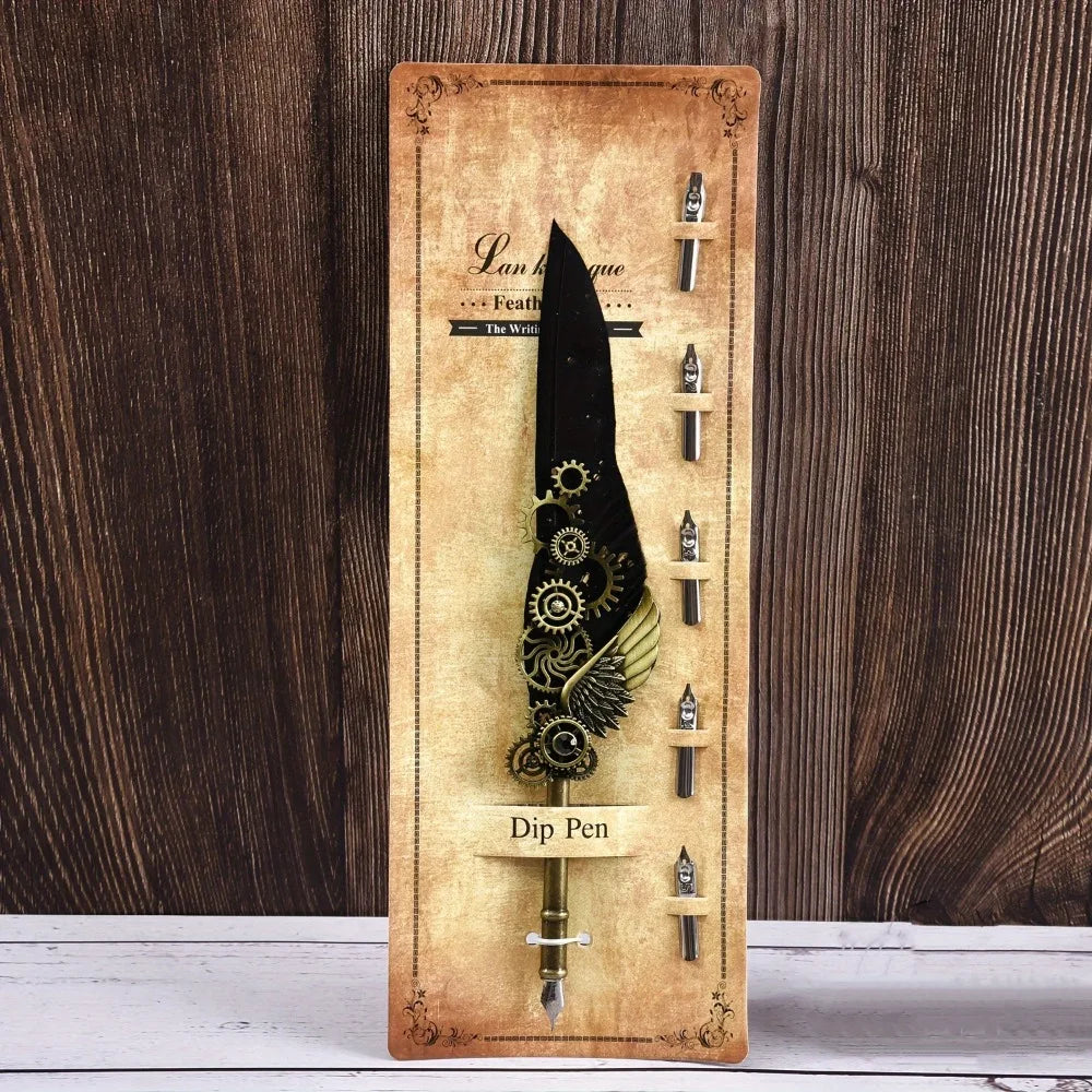 Retro Feather Dip Pen – Vintage Metal Calligraphy Set, 5 Nibs Calligraphy Dip Pen Axl Black