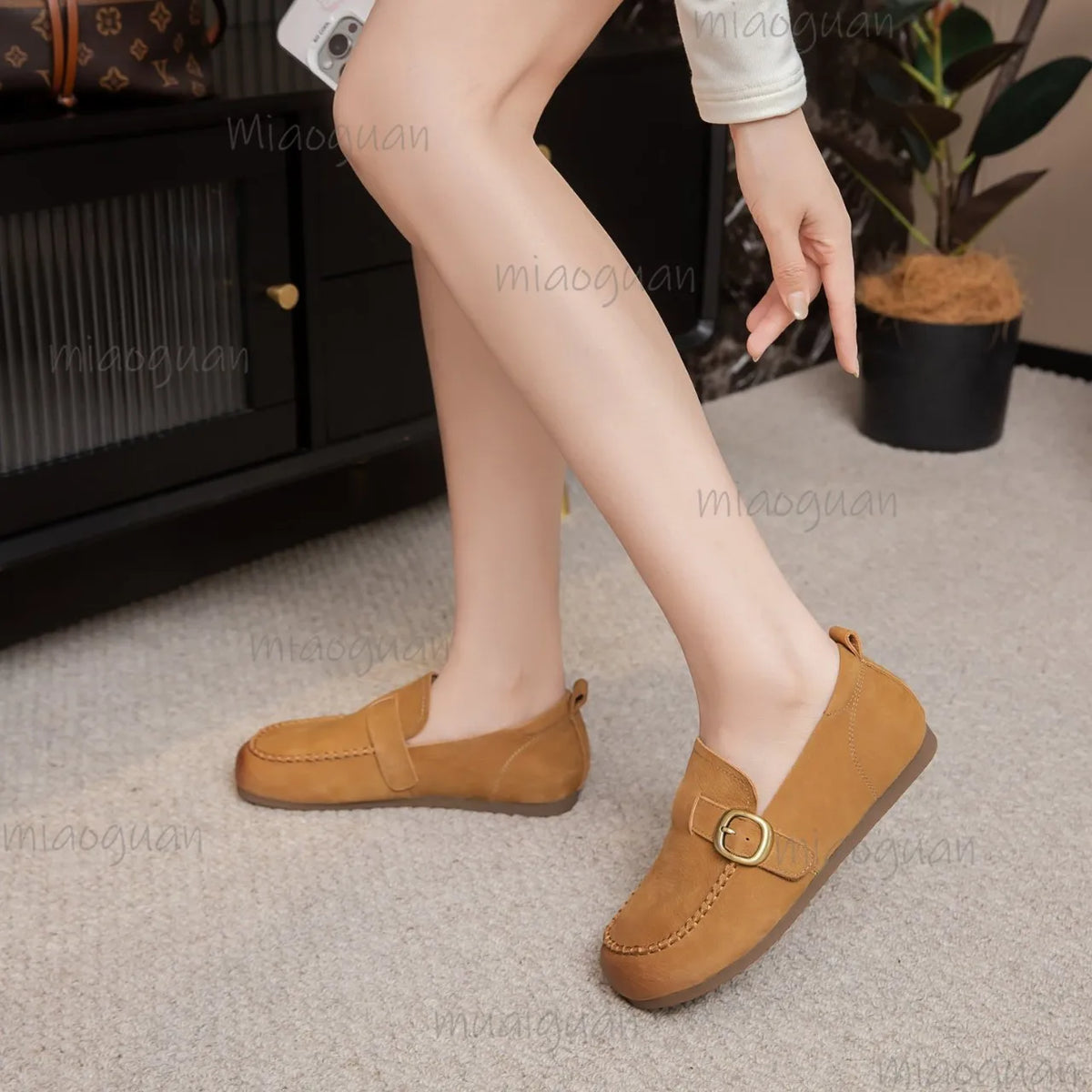 Women's Vintage Loafers – Metal Buckle Slip-On Flat Shoes Women's Loafers Axl