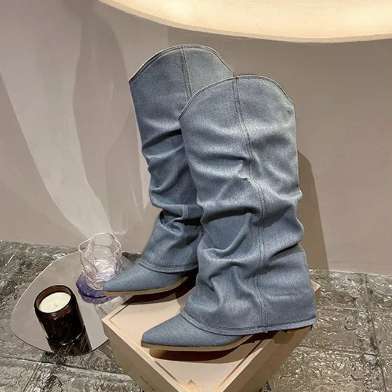 Pleated Blue Denim Chelsea Boots – Women's Square Heel Slip-On Women's Chelsea Boots Axl A-Blue women shoes 37