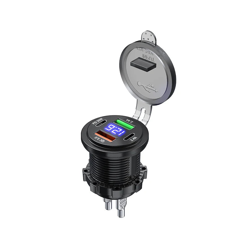 4-Port Car Charger Socket Dual USB-C & USB-A 96W + Voltmeter Car Charger Socket Axl black