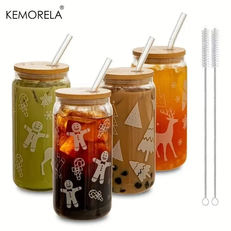 Christmas Glass Tumbler 480ml – Xmas Tree & Elk Cup, Lid & Straw Glass Tumbler Set Axl 4PCS 480ml