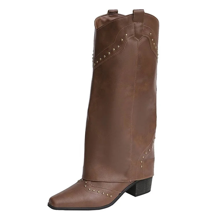 Women's Western Cowgirl Boots – Slip-On Square Heel Knee-High Western Cowgirl Boots Axl 38 Brown