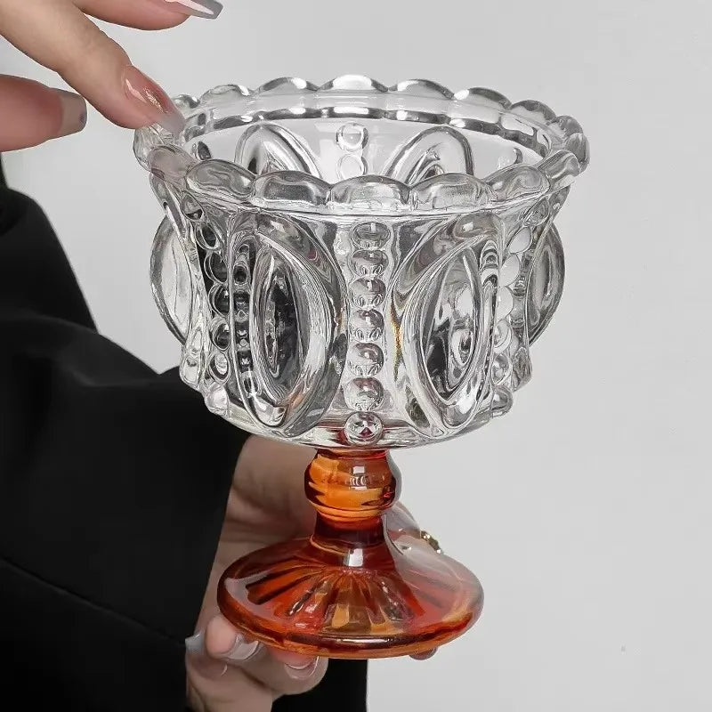 KEMORELA Retro Embossed Tall Glass Goblet – Black Crystal Cup Glass Goblet Set Axl Brown Feet