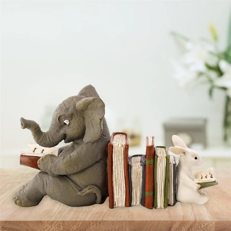 Elephant & Rabbit Reading Bookend – Resin Animal Statue Decor Decorative Bookend Axl Default Title