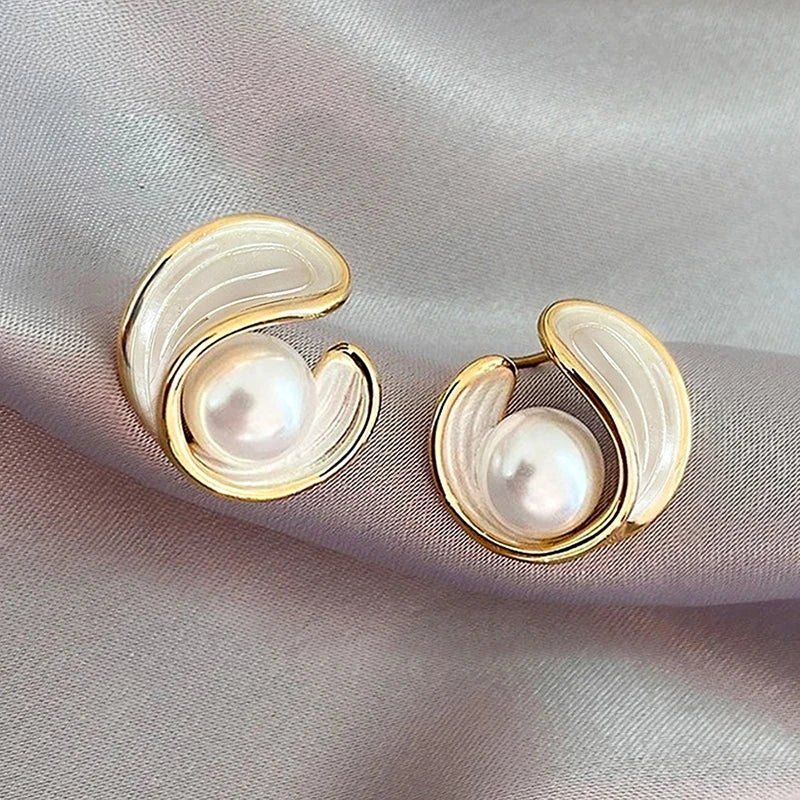 Huitan White Enamel Gold Stud Earrings | Geometric Fashion Stud Earrings Axl E5629