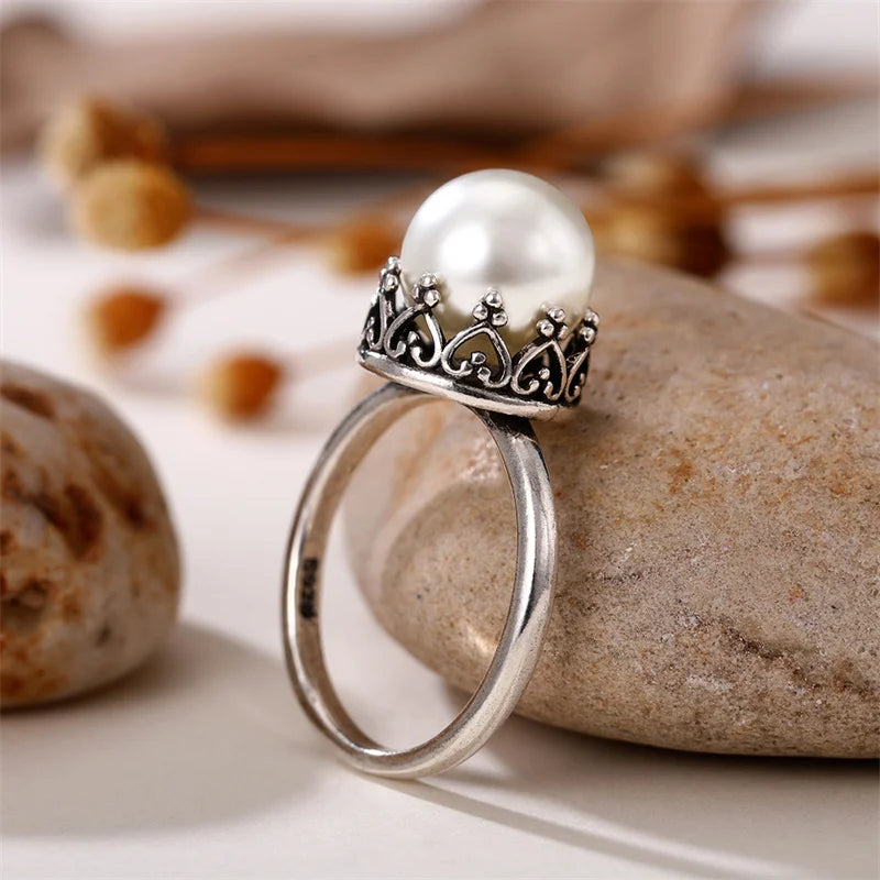 Huitan Vintage Imitation Pearl Ring Women – Antique Silver Fashion Pearl Ring Axl