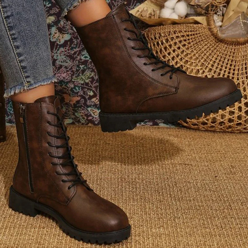 Women's British Zip Ankle Boots – PU Leather, Round Toe Booties Ankle Boots Axl