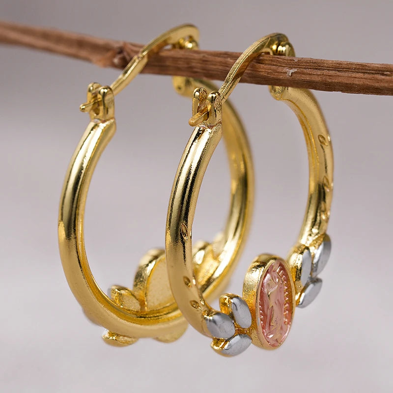 Huitan Virgin Mary Gold Hoop Earrings – Enamel Leaf Circle Hoop Earrings Axl