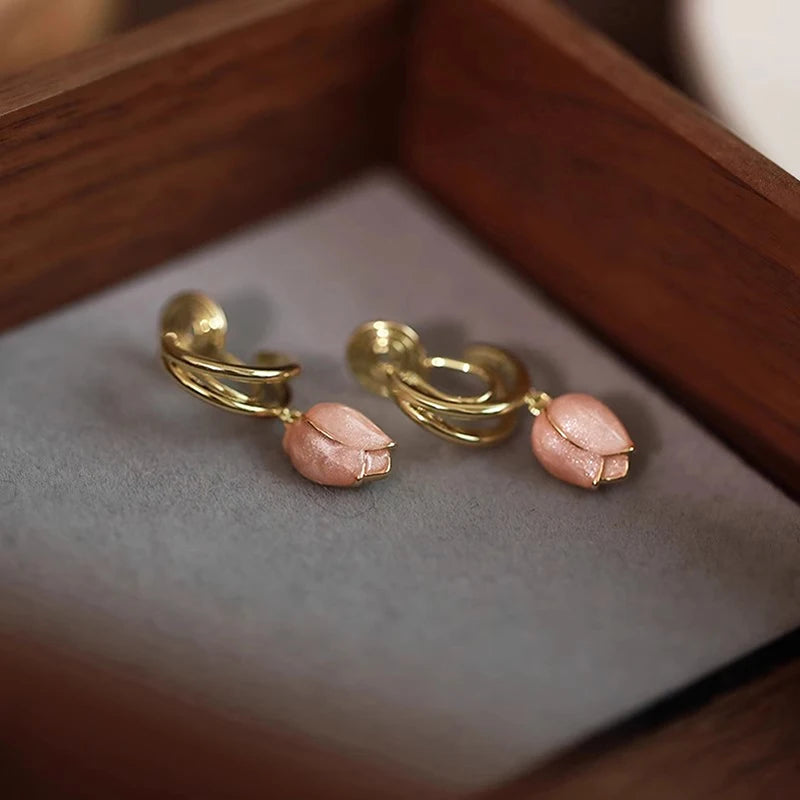 Huitan Pink Tulip Flower Drop Earrings – Gold Dangle Jewelry Dangle Earrings Axl