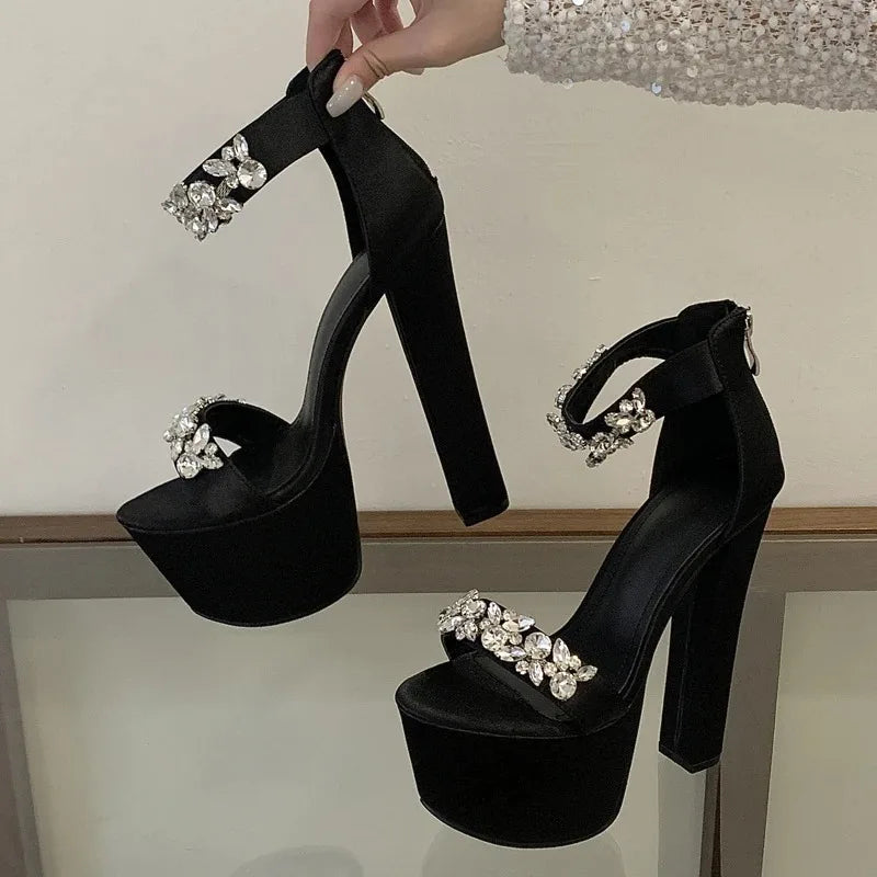Women's Crystal Diamond Peep Toe Square Heel Platform Sandals Platform Heel Sandals Axl