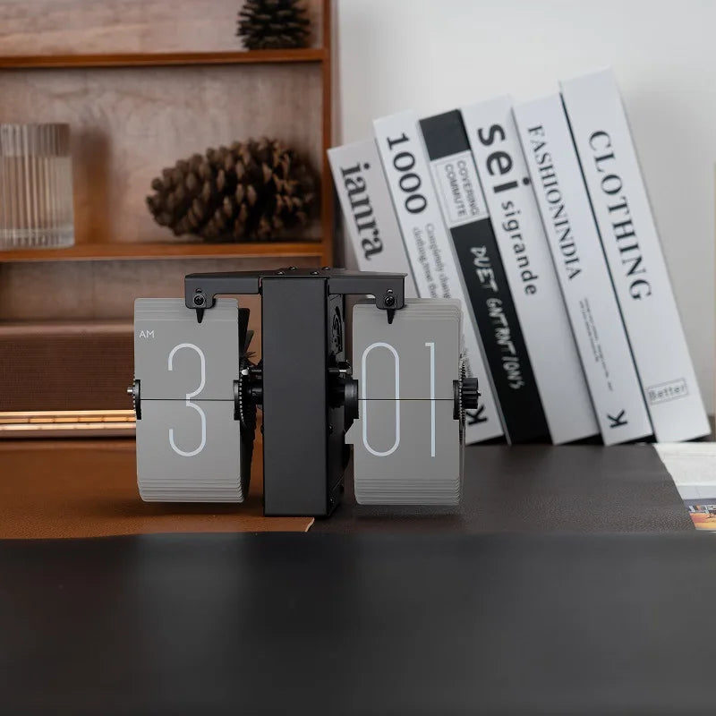 Nordic Retro Page-Turning Desk Clock | Quartz Table Ornament Desk Clock Axl Grey And Black