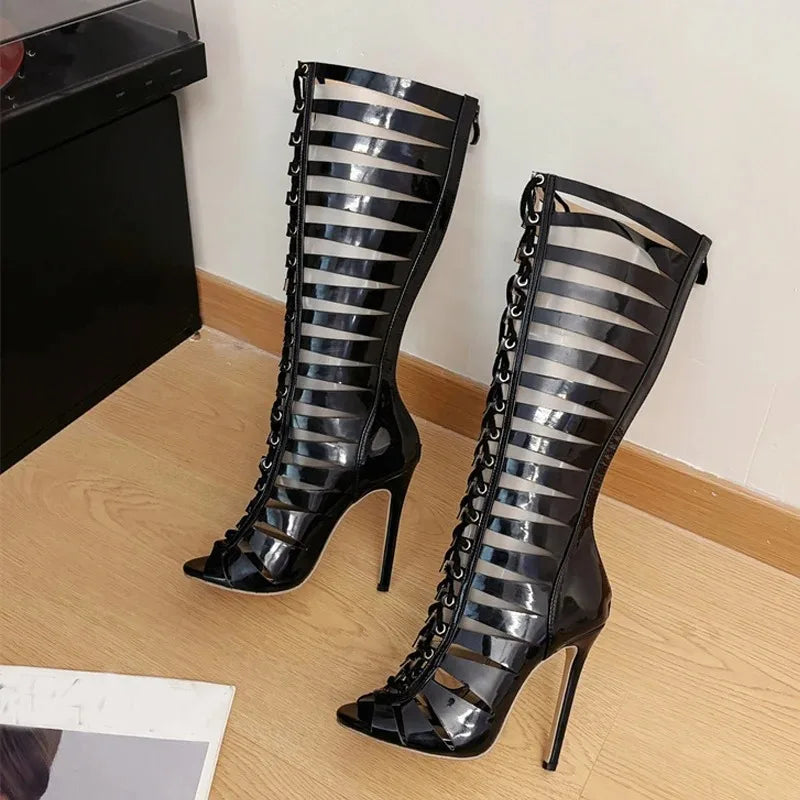 Women's Knee-High Heeled Boot Sandals – Hollow Cross Strap Heeled Boot Sandals Axl