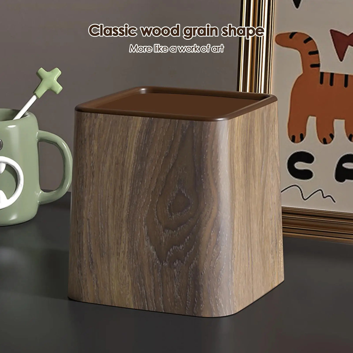 Desktop Trash Can with Lid – Retro Wood Grain Desk Bin Desktop Trash Can Axl
