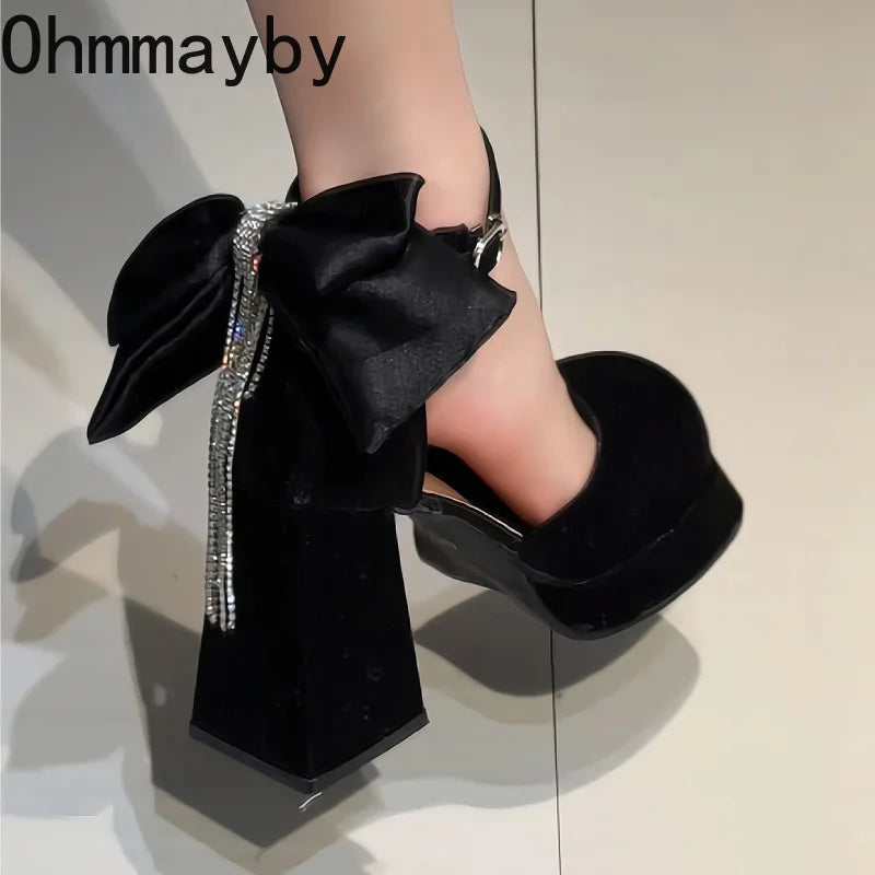 Women's Platform Mary Jane Pumps – Satin Bow & Rhinestone Platform Mary Jane Pumps Axl