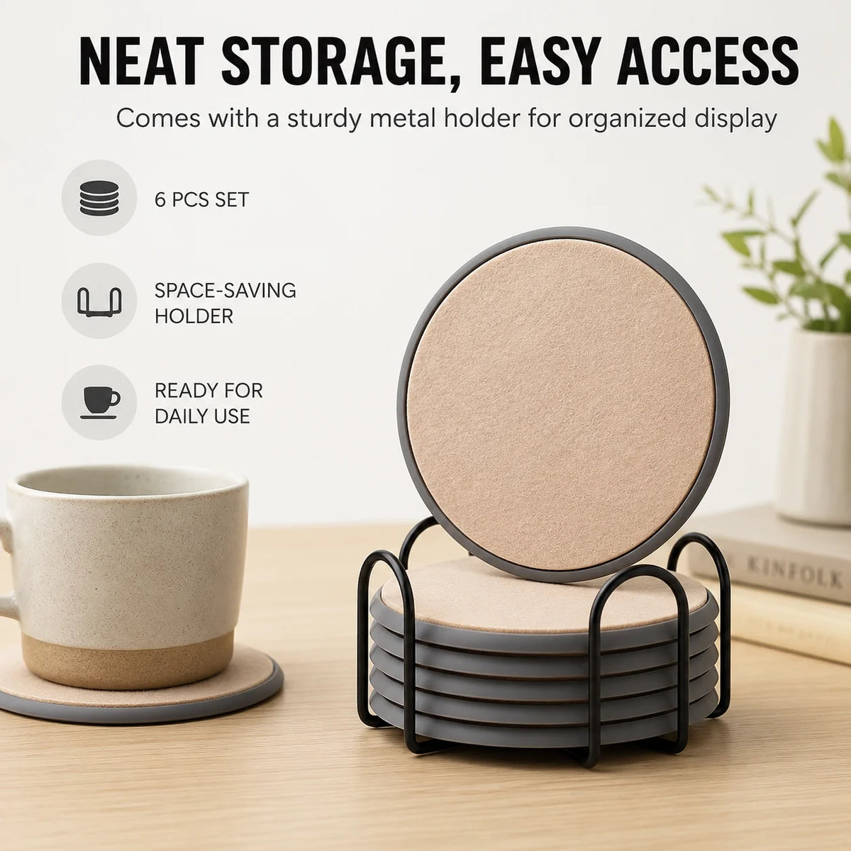 Felt & Silicone Drink Coasters Set of 6 with Metal Holder Drink Coaster Set Axl