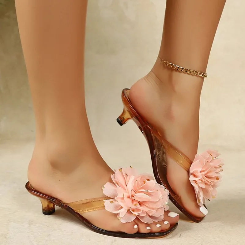 Bohemian Flower High Heel Sandals – Women's Square Toe Slippers Heeled Sandals Axl