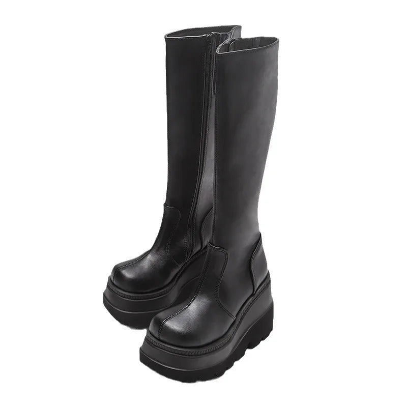 Women's Punk Platform Mid-Calf Boots – Gothic Wedge Motorcycle Platform Motorcycle Boots Axl
