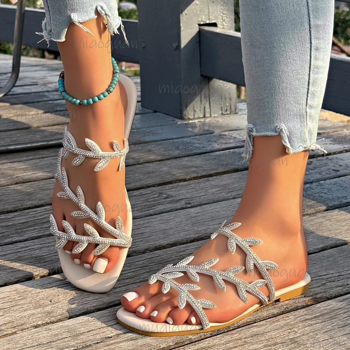 Women's Rhinestone Leaf Flat Slide Sandals | Summer Beach Slippers Flat Slide Sandals Axl