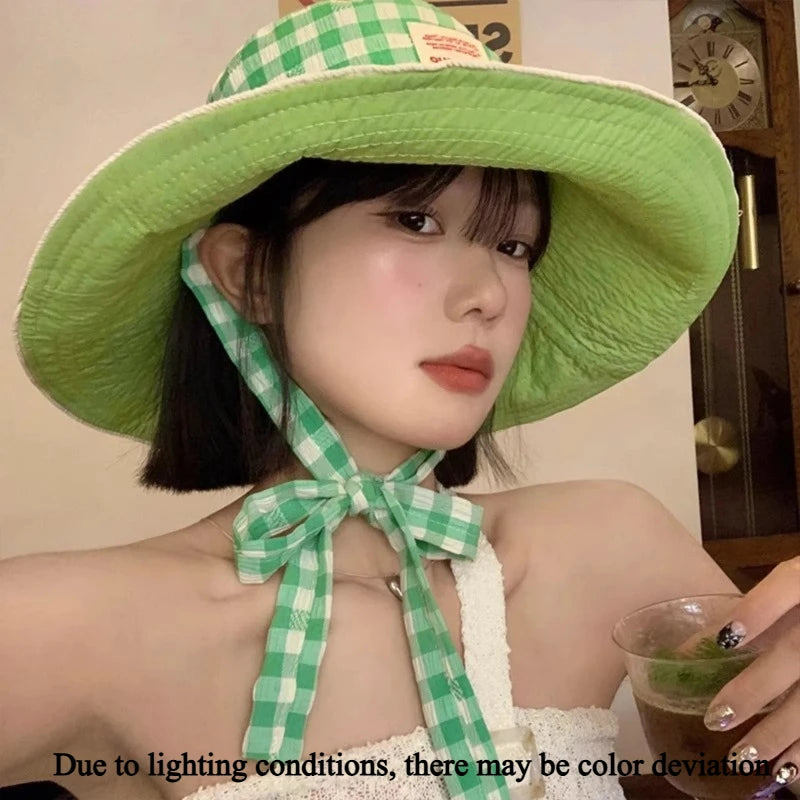 Women's Wide Brim Sun Hat – UV Plaid Beach Hat & Chin Strap Wide Brim Sun Hat Axl 01-green-1pcs